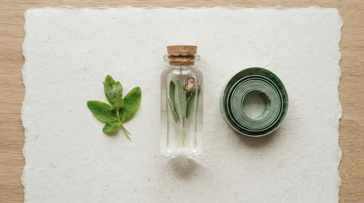 A clear glass vial, a few fresh green leaves, and a coiled cloth measuring tape on off-white paper.