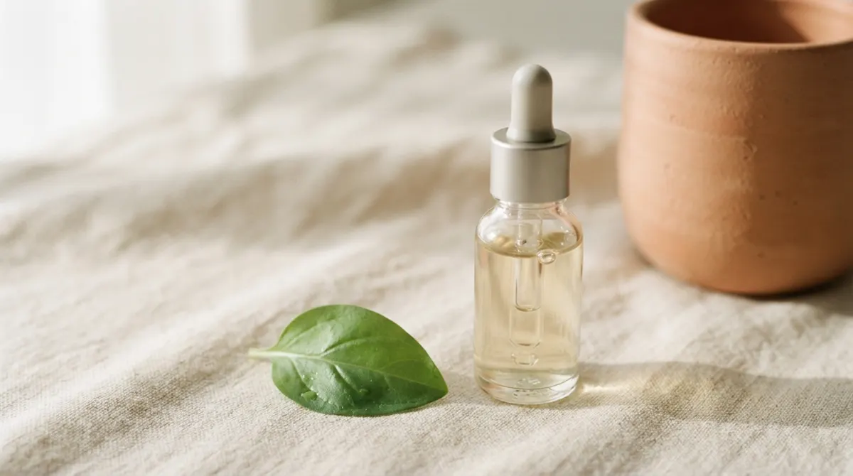 A clear glass vial and a fresh green leaf resting on cream linen in soft morning light.