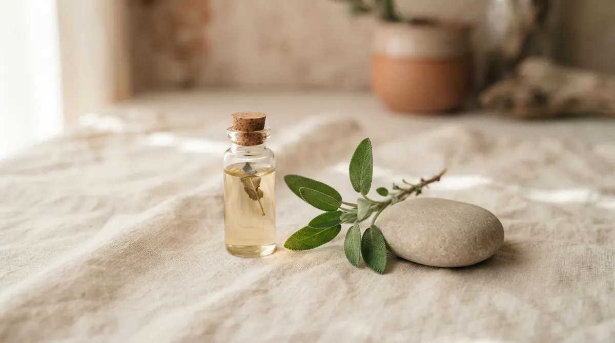 A small glass vial, a sprig of sage, and a smooth pale stone grouped on cream linen.