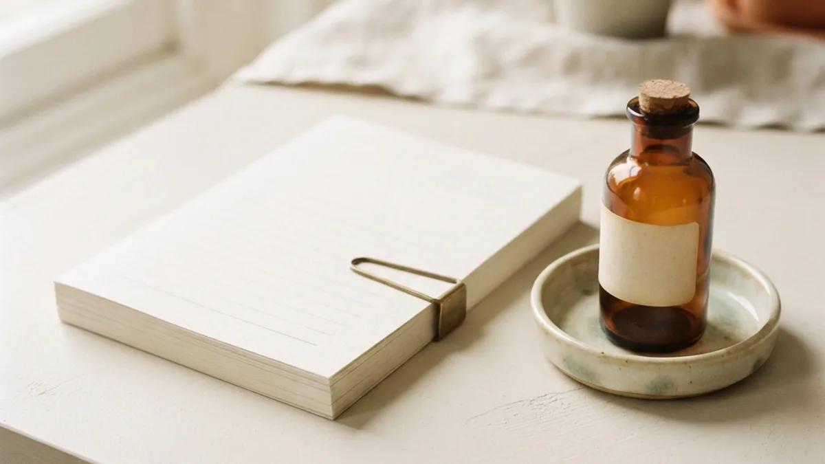A neat stack of blank paper forms with a brass paperclip and an amber apothecary bottle on a warm cream surface.