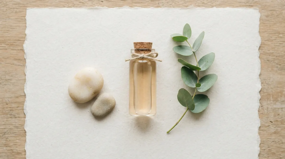 A clear glass vial, two smooth pale stones, and a sprig of fresh eucalyptus on off-white paper.