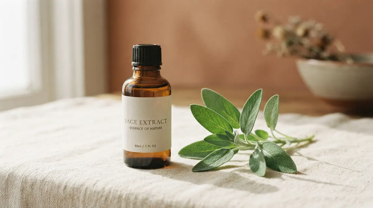 An amber apothecary bottle and a sprig of fresh sage on cream linen in soft morning light.