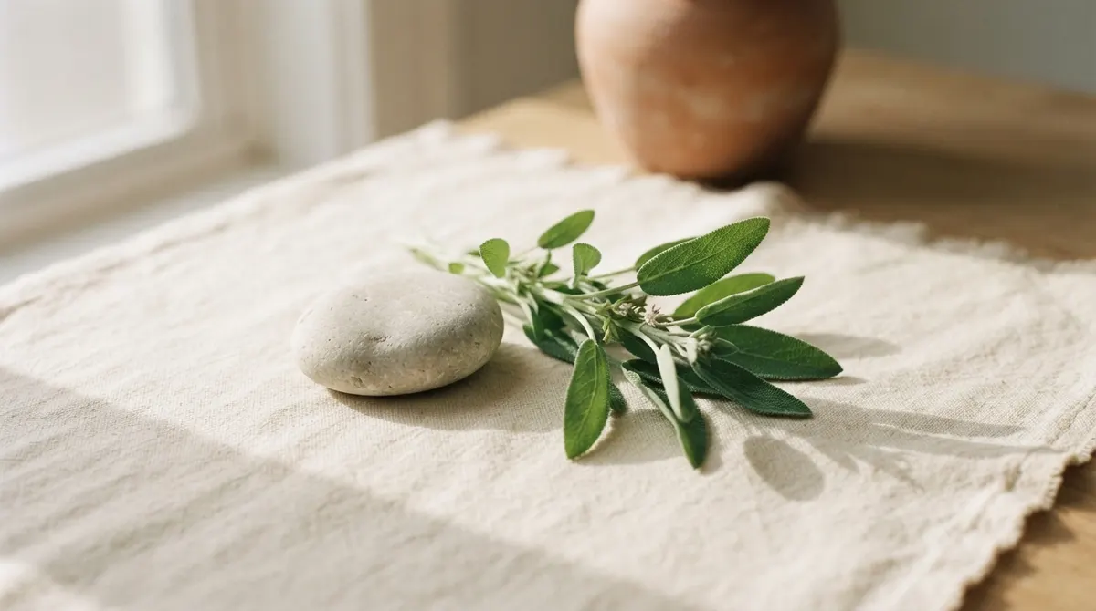 A sprig of fresh sage and a smooth pale stone resting on cream linen in warm morning light.