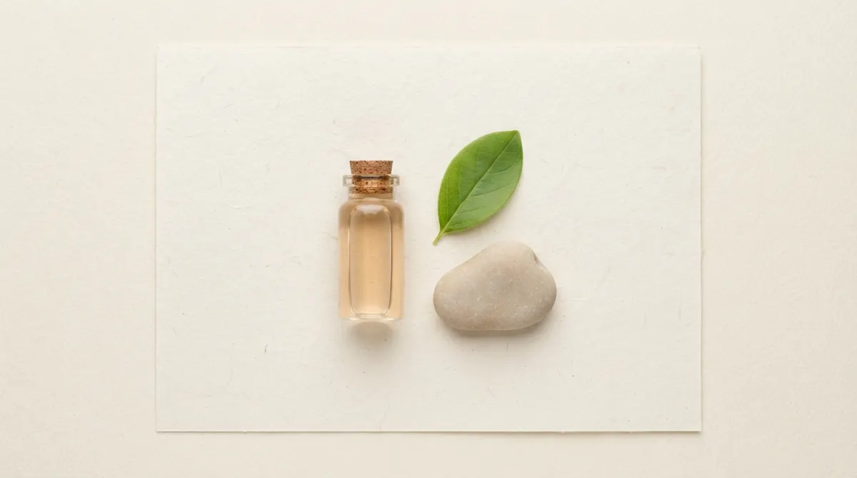 A clear glass vial, a fresh green leaf, and a smooth pale stone on off-white paper.