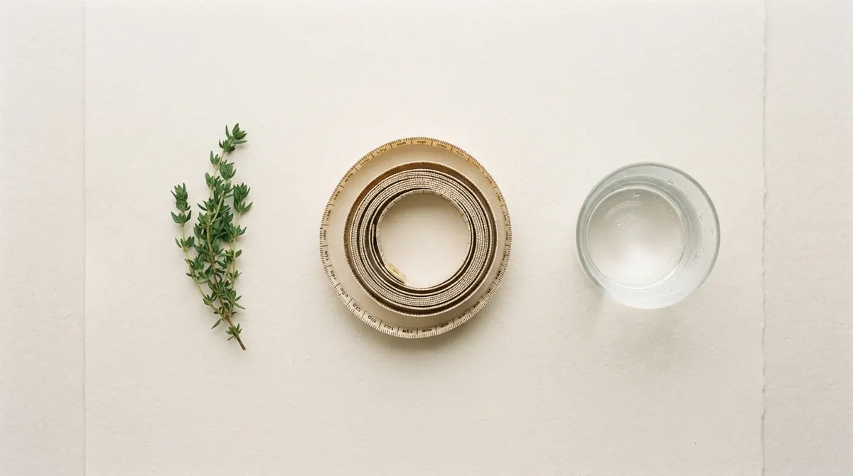A coiled cloth measuring tape, a sprig of fresh green herbs, and a clear glass of water on off-white paper.