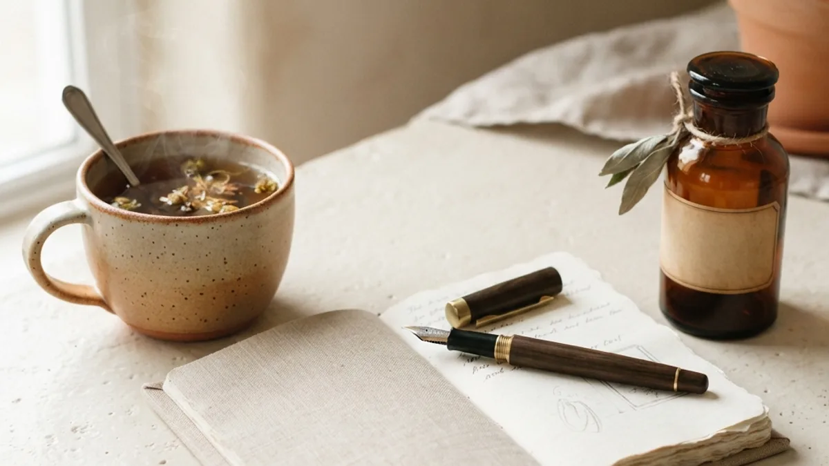An open notebook with a fountain pen, a cup of herbal tea, and an amber apothecary bottle on a warm cream surface.